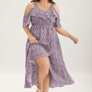 Purple Floral Wrap Style Cold Shoulder Dress